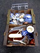Two boxes containing blue and white porcelain, pricket candlestick, circular barometer,