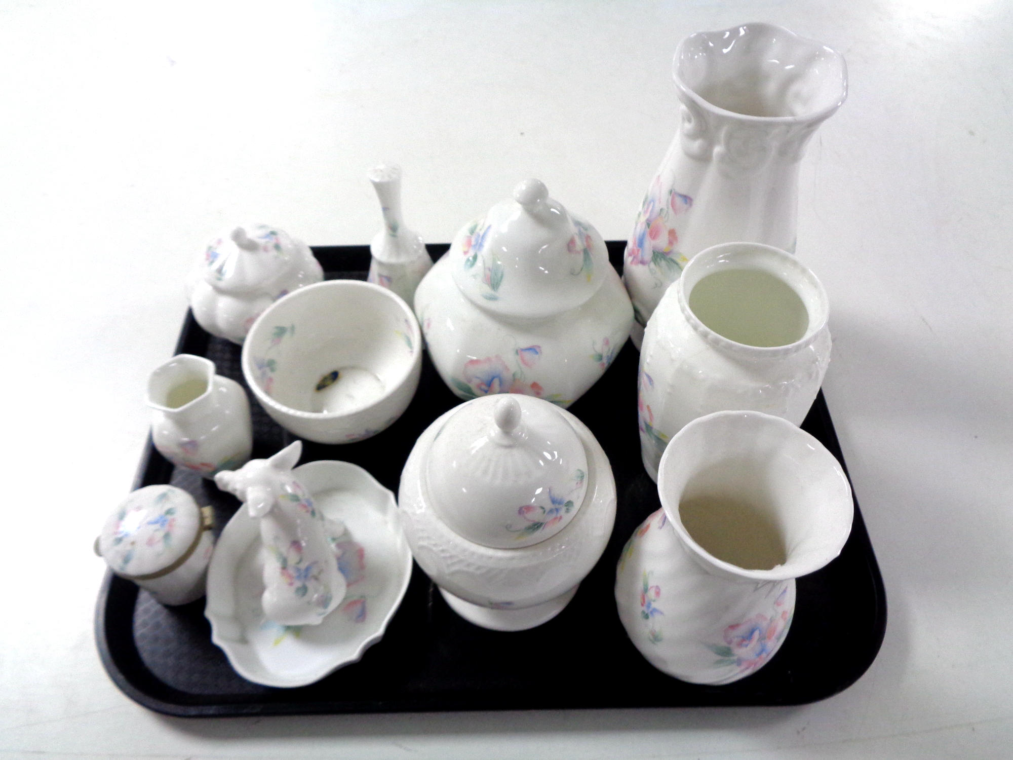 A tray containing a collection of Aynsley Little Sweetheart porcelain including vases, lidded jar,