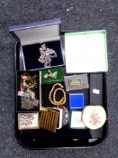 A tray containing a collection of silver and costume jewellery, compact, lady's wristwatch,