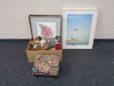 A box containing cased cutlery, ceramic wall clock, foot stool, framed pictures and prints etc.