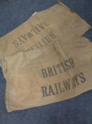 A box containing two railway sacks together with a US Mail sack.