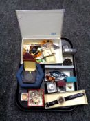 A tray containing costume jewellery, simulated amber jewellery, lady's wristwatch,