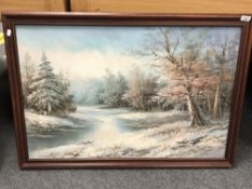 Late Twentieth Century School : Winter River Landscape, oil on canvas, indistinctly signed,