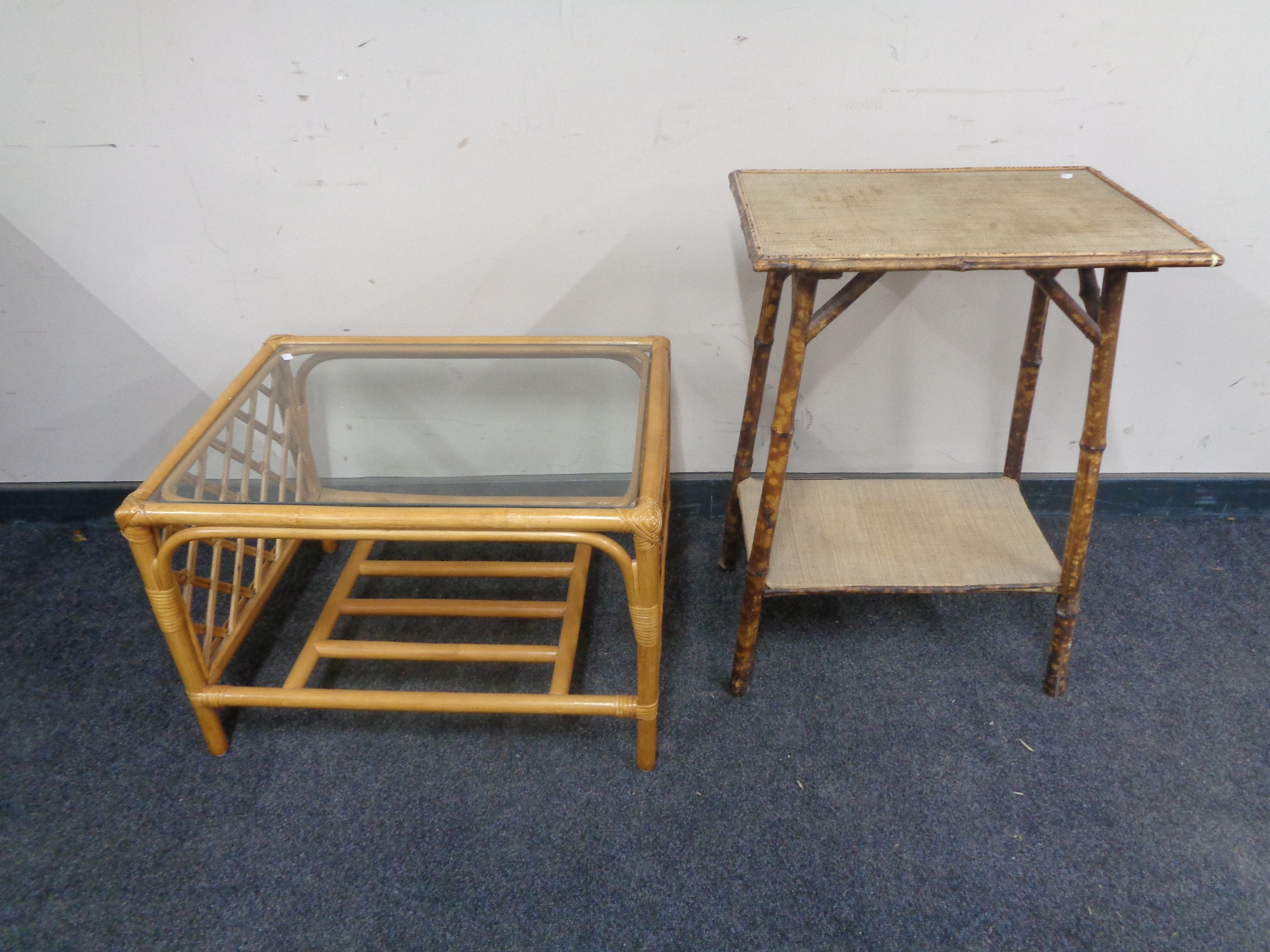 An aesthetic period bamboo two tier occasional table together with a contemporary glass topped