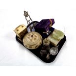 A tray containing onyx trinket box and ashtray, boxed silver plated engraved mug,