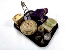 A tray containing onyx trinket box and ashtray, boxed silver plated engraved mug,