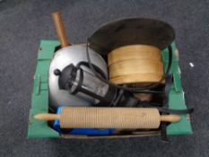A box containing kitchenalia including rolling pin, graduated box, scales etc.