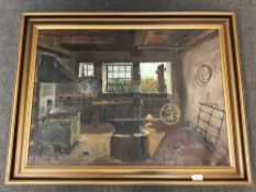 Joli Gytel : The interior of a blacksmith's shop, oil on canvas, signed, 54 x 75 cm, framed.