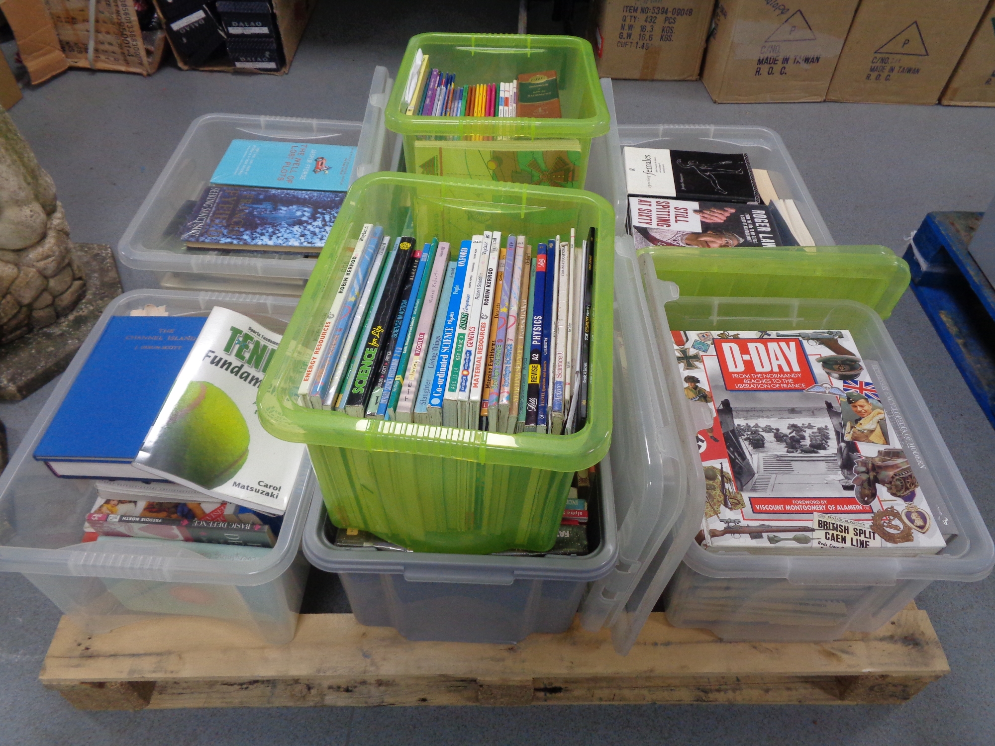 A pallet containing approximately 8 boxes of books