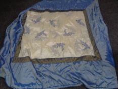 A box containing a blue bed throw