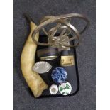 A tray containing cow horn mantel clocks,