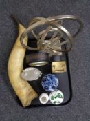 A tray containing cow horn mantel clocks,