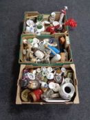 Three boxes containing 20th century porcelain vases, figurines, glassware, binoculars,