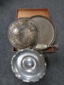 A wooden box containing antique razor, silver plated goblets, gallery tray, swing handle basket etc.