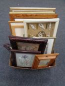 Two boxes containing 20th century pictures and prints, framed nautical knot montage etc.