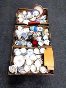 Three boxes containing Royal Grafton Majestic part tea set, blue and white porcelain etc.