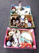 Three boxes containing 20th century porcelain, collector's plates, china shire horse, glassware etc.