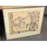 Continental school : Buildings in a town, watercolour, signed.