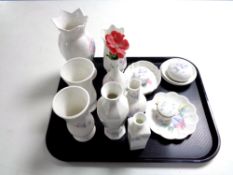 A tray containing a quantity of Aynsley Little Sweetheart porcelain including flower vases,