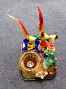 A tray of glassware including Murano glass clown, fish and bird ornaments,