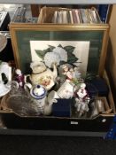 A box containing 20th century pressed glassware, continental porcelain figurines,