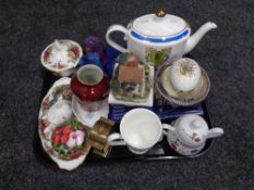 A tray containing Royal Albert Old Country Roses china, Ringtons tea pot, mantel clock,