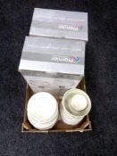 A box containing boxed clear glass candle holders, Claridge's bowls etc.