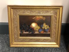 Josef Szabo (Contemporary) Still life of grapes and peaches, oil on panel, signed, 17cm by 12cm.
