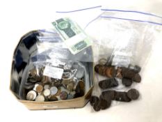 A quantity of coins to include foreign bank notes, copper Victoria pennies,