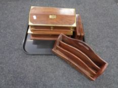 A tray containing two brass mounted hardwood storage boxes,