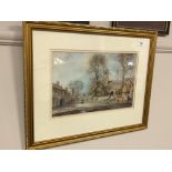 After Walter Holmes : The village square at Corbridge, reproduction in colours, signed in gold ink,