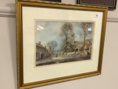 After Walter Holmes : The village square at Corbridge, reproduction in colours, signed in gold ink,