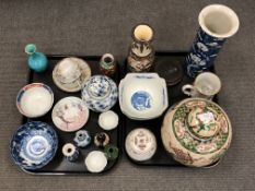 Two trays of oriental ceramics including tall prunus blue and white vase,