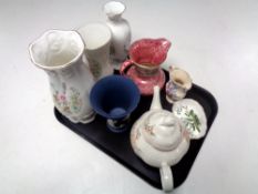 A tray containing Wedgwood jasperware vase and lidded trinket box, Maling lustre jug,