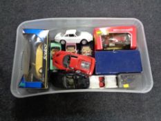 A box containing boxed and unboxed die cast vehicles including Burago, Mercedes Benz 1928, Solido,