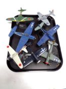 A tray containing seven die cast model aircraft on stands by Corgi Aviation Archive etc.