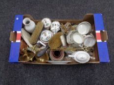 A box containing Chinese export porcelain, brass toasting fork, candle snuffer,