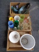 Three boxes containing etched and coloured glass, light shades, scent bottles,