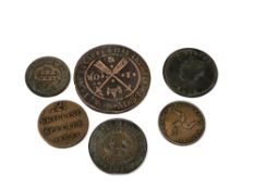 A small collection of coins to include bronze isle of man penny 1839, American 1848 cent,