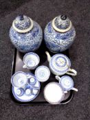 A tray of blue and white porcelain including a pair of lidded vases,