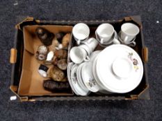 A box containing a quantity of Crown Clarence ironstone dinnerware, ceramic owl ornaments.