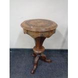 A Victorian inlaid walnut circular pedestal work table (as found)