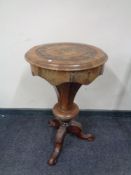 A Victorian inlaid walnut circular pedestal work table (as found)