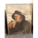 Continental school : Fisherman with a pipe, oil on canvas, 40 x 51 cm, framed.
