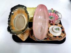 A tray containing Maling pink lustre twin handled dish and other maling ware,