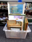 A box containing 20th century pictures and prints, unframed oils on canvas, coastal scenes etc.