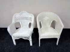 Two cream loom armchairs