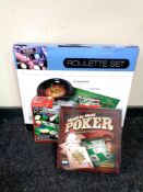 A boxed Roulette set, further boxed Roulette wheel, Poker game set, boxed set of Poker chips etc.