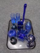 A tray of 20th century blue glassware including pair of bark textured vases,