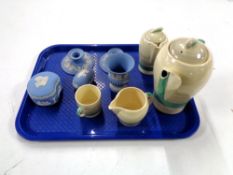 A tray containing five pieces of Wedgwood blue and white jasperware, Susie Cooper part tea set.